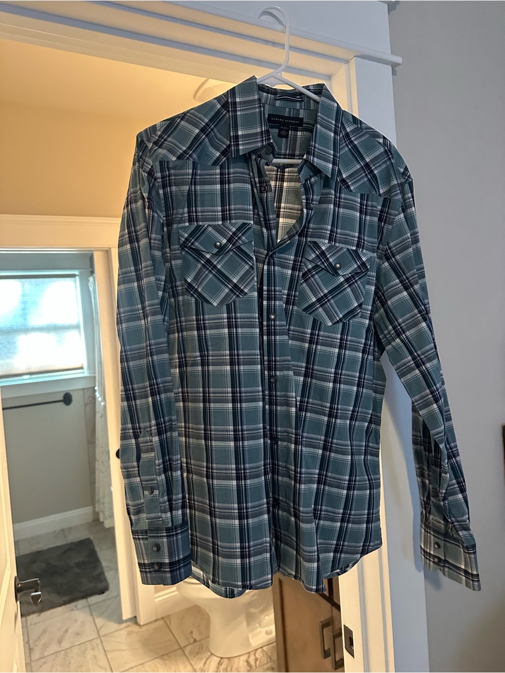 Banana Republic Men's Green and Navy Plaid Button-Down Shirt
